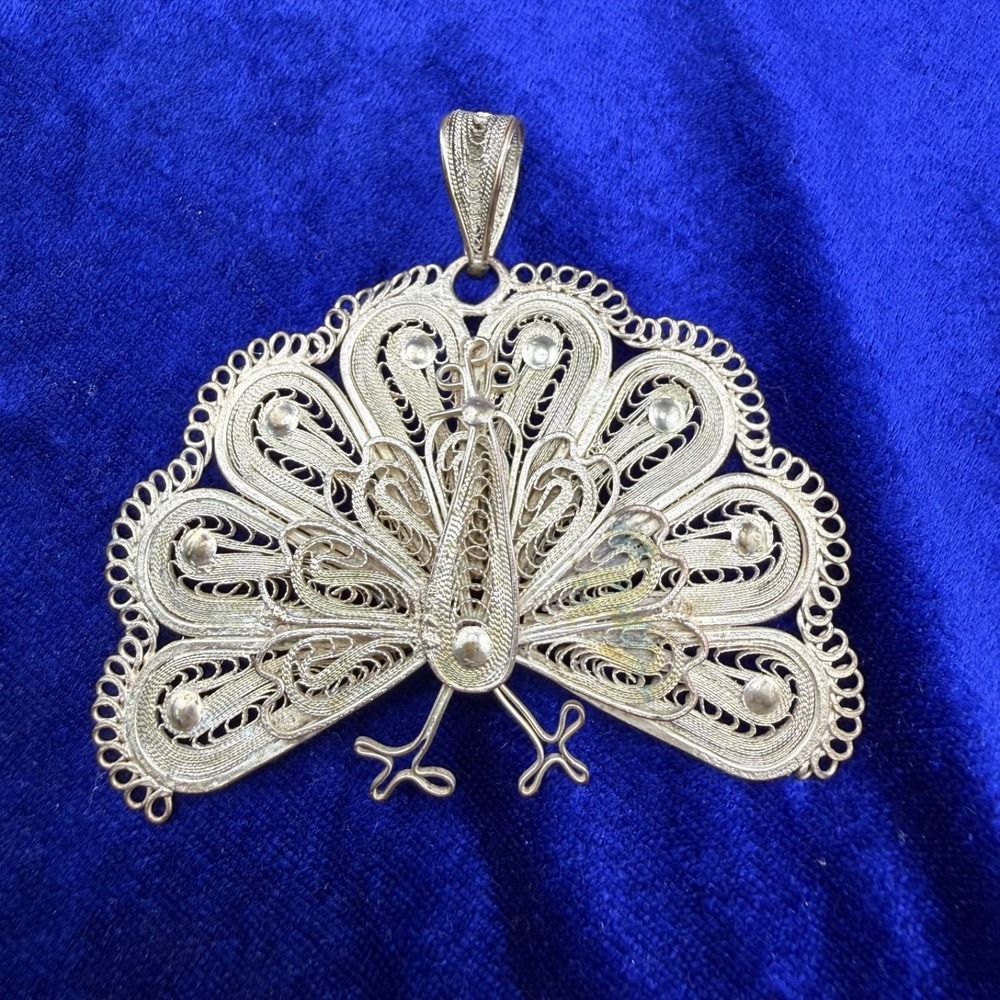Vintage Spun Silver Filigree Peacock Pendant Silver Tone